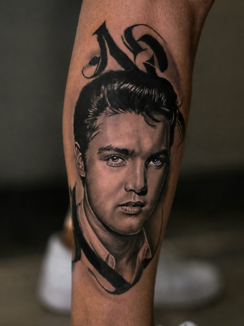 Realistic Elvis Presley portrait tattoo on a calf